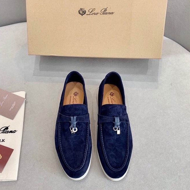 Dark Blue Suede Penny Loafers